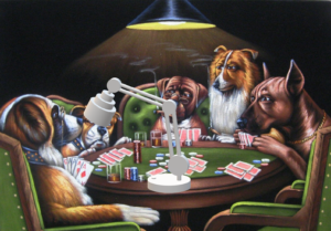 dogs shown playing cards with appropriate, direct lighting to aid with low vision
