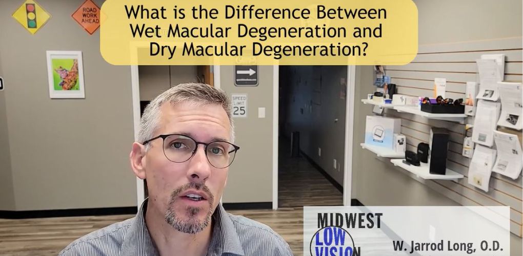 Dr. Jarrod Long discussing the difference between wet and dry macular degeneration in his optometry office.