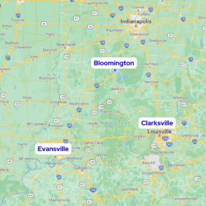 map showing the areas that Midwest Low Vision covers, primarily southern Indiana